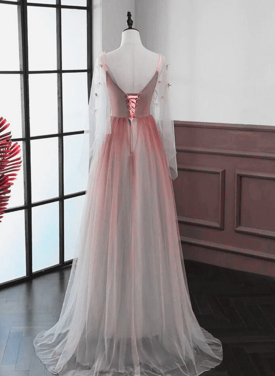 Simple Prom Dress, Red Gradient A-line Tulle with Lace Party Dress, Red Floor Length Prom Dress