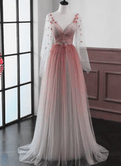 Spring Wedding Color, Red Gradient A-line Tulle with Lace Party Dress, Red Floor Length Prom Dress