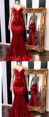 Evening Dresses, Red Halter Sequins Sparkle Evening Gowns Sexy Mermaid Dresses Long Maxi Dress
