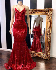 Evening Dress Maxi Long Sleeve, Red Halter Sequins Sparkle Evening Gowns Sexy Mermaid Dresses Long Maxi Dress