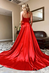 Red Halter V-Neck A-Line Simple Prom Dress with Pockets