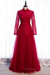 Homecoming Dress Classy, Red High Neck Long Sleeves Lace Appliques Maxi Formal Dress with Sash
