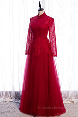 Homecoming Dresses Classy, Red High Neck Long Sleeves Lace Appliques Maxi Formal Dress with Sash