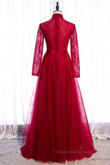 Homecoming Dresses Ideas, Red High Neck Long Sleeves Lace Appliques Maxi Formal Dress with Sash