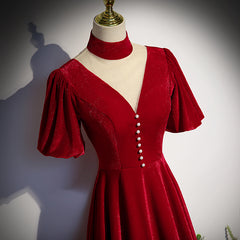 Prom Dresses Sweetheart, Red High Neckline Velvet Long Party Dress, Red Short Sleeves Velvet Prom Dress