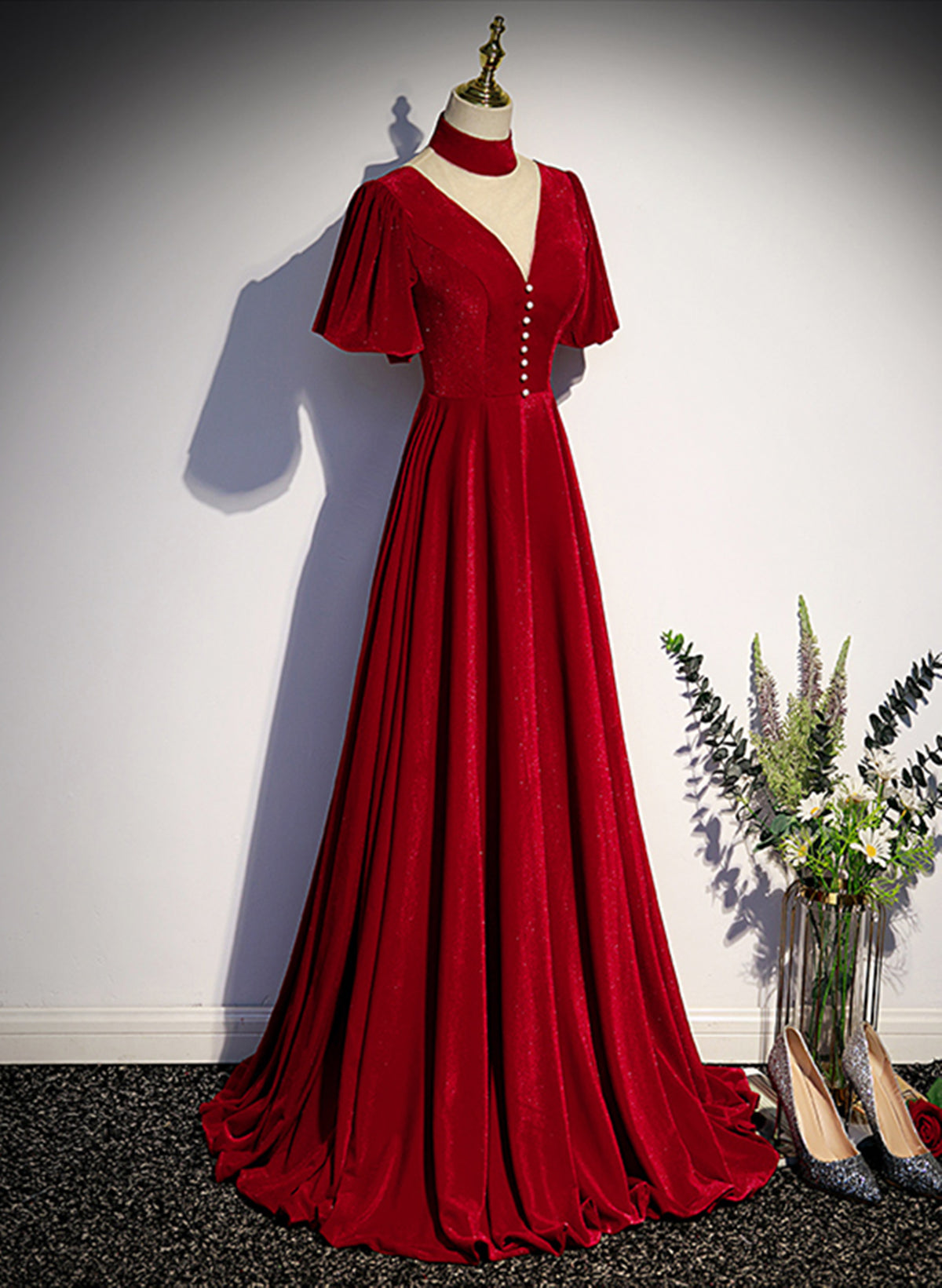Prom Dresses Size 14, Red High Neckline Velvet Long Party Dress, Red Short Sleeves Velvet Prom Dress