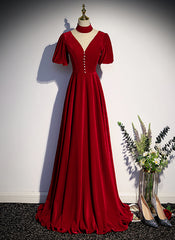 Prom Dress Sweetheart, Red High Neckline Velvet Long Party Dress, Red Short Sleeves Velvet Prom Dress