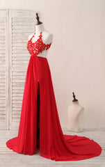 Party Dress Store, Red Hight Neck Chiffon Lace Applique Long Prom Dress, Red Formal Dress