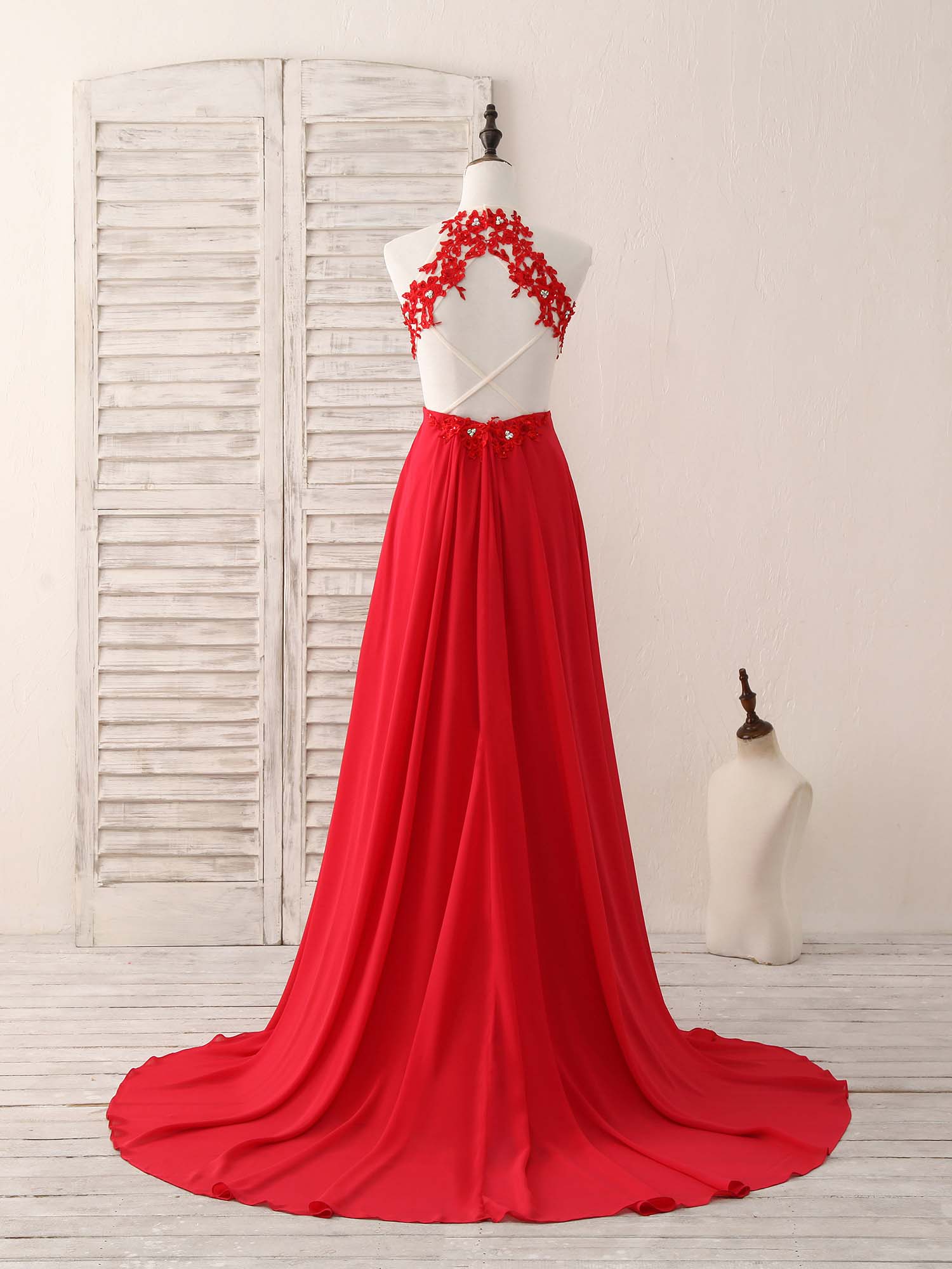 Party Dresses On Sale, Red Hight Neck Chiffon Lace Applique Long Prom Dress, Red Formal Dress