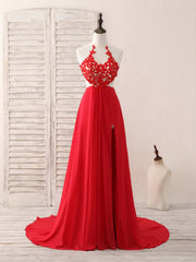 Party Dress Stores, Red Hight Neck Chiffon Lace Applique Long Prom Dress, Red Formal Dress