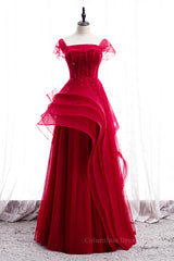 Prom Dresses Designers, Red Illusion Cap Sleeves Multi-Layers Beaded Appliques Maxi Formal Dress