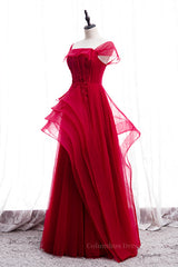 Prom Dresses Designs, Red Illusion Cap Sleeves Multi-Layers Beaded Appliques Maxi Formal Dress