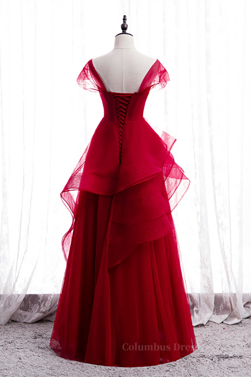 Prom Dress Designs, Red Illusion Cap Sleeves Multi-Layers Beaded Appliques Maxi Formal Dress