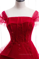 Prom Dresses Website, Red Illusion Cap Sleeves Multi-Layers Beaded Appliques Maxi Formal Dress