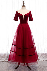 Prom Dress Stores Near Me, Red Illusion Deep V Neck Sleeves Straps Detail Tulle Ankle Length Formal Dress