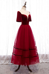 Prom Dresses Brands, Red Illusion Deep V Neck Sleeves Straps Detail Tulle Ankle Length Formal Dress