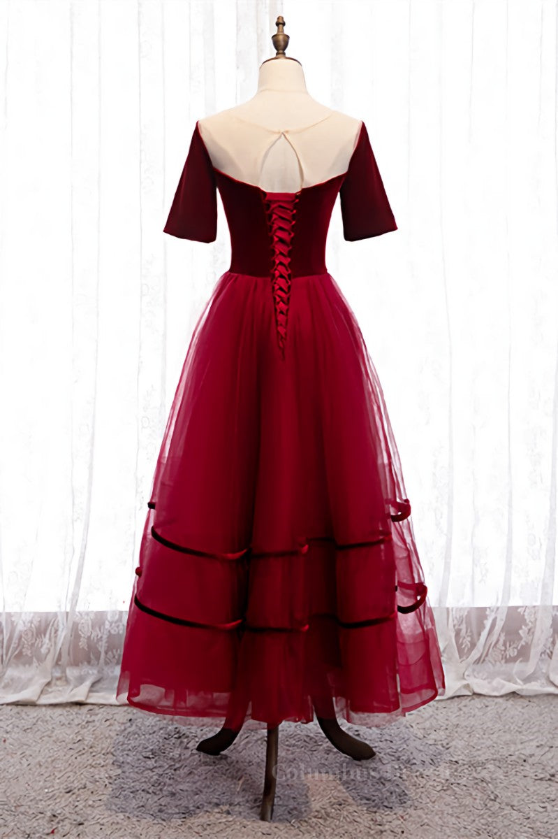 Prom Dresses Brand, Red Illusion Deep V Neck Sleeves Straps Detail Tulle Ankle Length Formal Dress