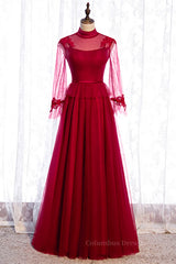 Evening Dresses Knee Length, Red Illusion High Neck Long Sleeves Appliques Maxi Formal Dress