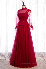 Evening Dresses For Over 80, Red Illusion High Neck Long Sleeves Appliques Maxi Formal Dress