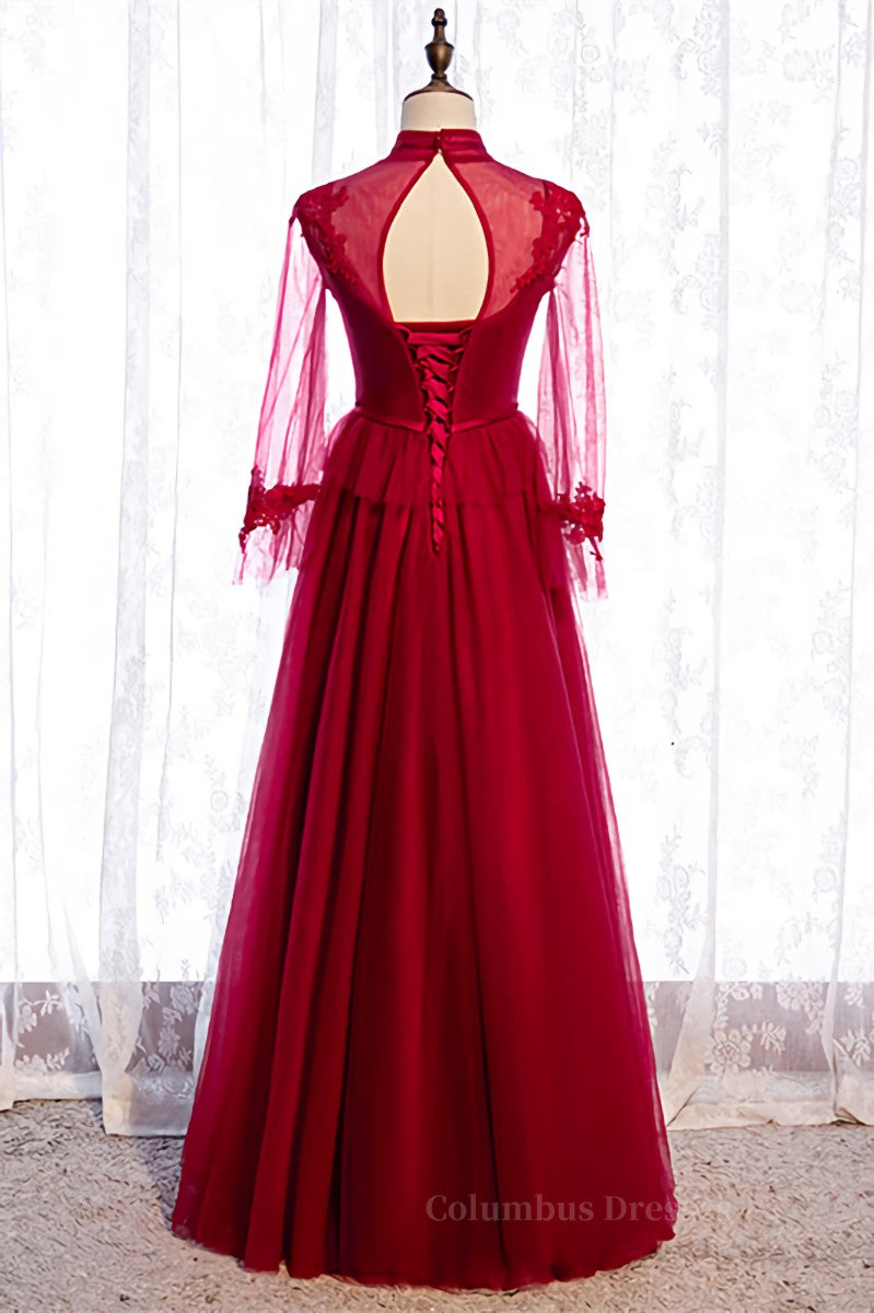 Evening Dresses For Over 80S, Red Illusion High Neck Long Sleeves Appliques Maxi Formal Dress