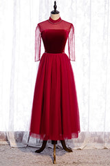 Evening Dresses Modest, Red Illusion High Neck Long Sleeves Beaded Tulle Ankle Length Formal Dress