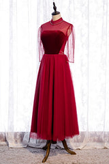 Evening Dress Yellow, Red Illusion High Neck Long Sleeves Beaded Tulle Ankle Length Formal Dress