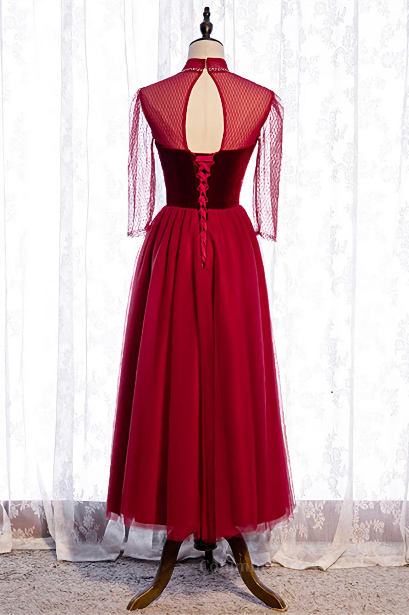 Evening Dresses 1950S, Red Illusion High Neck Long Sleeves Beaded Tulle Ankle Length Formal Dress