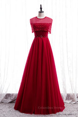 Prom Dress 2044, Red Illusion Jewel Neck Rhinestone Beaded Crepe Maxi Formal Dress