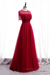 Prom Dresses Dresses, Red Illusion Jewel Neck Rhinestone Beaded Crepe Maxi Formal Dress