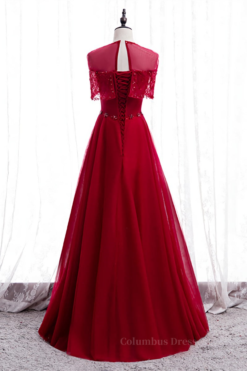 Prom Dress Dresses, Red Illusion Jewel Neck Rhinestone Beaded Crepe Maxi Formal Dress