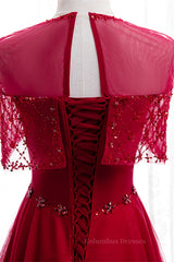 Prom Dresses Dress, Red Illusion Jewel Neck Rhinestone Beaded Crepe Maxi Formal Dress