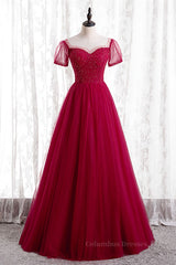 Wedding Guest Dress Summer, Red Illusion Neck Sheer Puff Sleeves Beaded Tulle Long Formal Dress