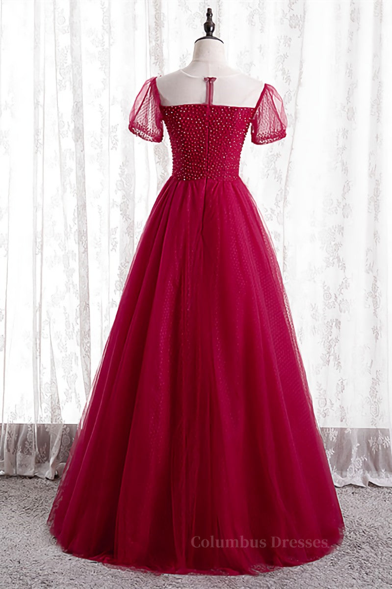 Summer Wedding Guest Dress, Red Illusion Neck Sheer Puff Sleeves Beaded Tulle Long Formal Dress