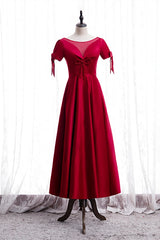 Prom Dresses Gown, Red Illusion V Neck Sleeves Beaded Tea Length Formal Dress with Bows