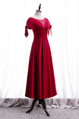 Prom Dresses Gowns, Red Illusion V Neck Sleeves Beaded Tea Length Formal Dress with Bows
