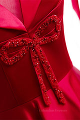 Prom Dresses For Short Girls, Red Illusion V Neck Sleeves Beaded Tea Length Formal Dress with Bows
