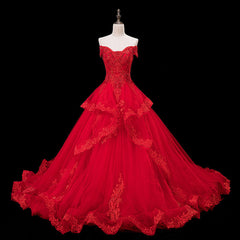 Black Prom Dress, Red Lace and Tulle Gorgeous Off Shoulder Princess Sweet 16 Dress, Red Formal Gown