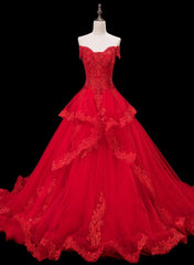 Pink Dress, Red Lace and Tulle Gorgeous Off Shoulder Princess Sweet 16 Dress, Red Formal Gown