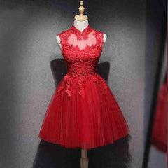 Prom Dresses Pink, Red Lace High Neckline Tulle Short Homecoming Dress Party Dress, Red Formal Dresses