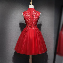 Prom Dress Designer, Red Lace High Neckline Tulle Short Homecoming Dress Party Dress, Red Formal Dresses