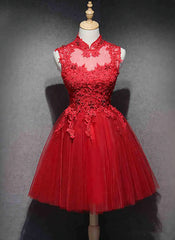 Prom Dress Inspirational, Red Lace High Neckline Tulle Short Homecoming Dress Party Dress, Red Formal Dresses