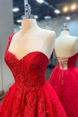 Prom Dress Long Sleeve, Red Lace Long A-Line Prom Dress, One Shoulder Evening Dress