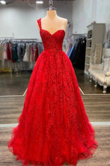 Prom Dress Long Sleeved, Red Lace Long A-Line Prom Dress, One Shoulder Evening Dress