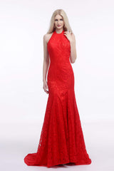 Formal Dresses On Sale, Red Lace Mermaid Halter Backless Long Prom Dresses