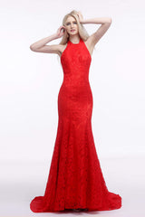 Formal Dress On Sale, Red Lace Mermaid Halter Backless Long Prom Dresses