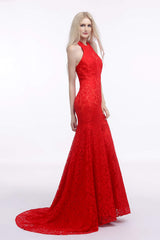 Formal Dresses Shops, Red Lace Mermaid Halter Backless Long Prom Dresses
