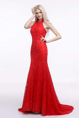 Formal Dress Shop, Red Lace Mermaid Halter Backless Long Prom Dresses