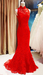 Girl Dress, Red Lace Mermaid Long Formal Gown, Red Bridesmaid Dress