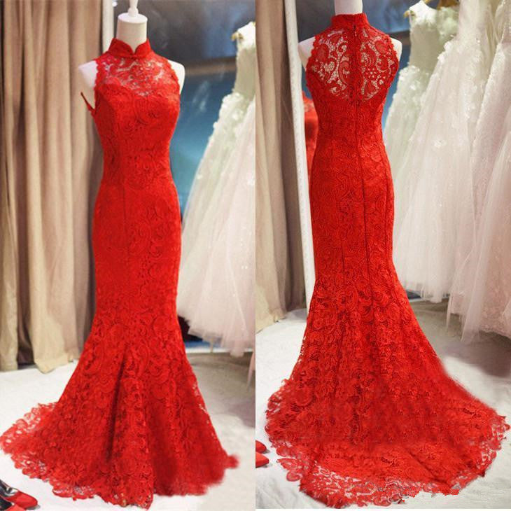 Vacation Dress, Red Lace Mermaid Long Formal Gown, Red Bridesmaid Dress