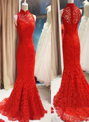 Long Prom Dress, Red Lace Mermaid Long Formal Gown, Red Bridesmaid Dress